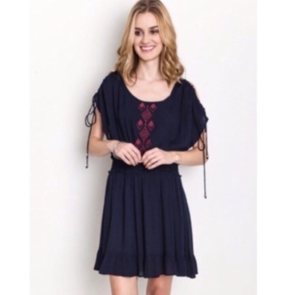 Umgee Dresses & Skirts - Cold Shoulder Embroidered Boho Dress Navy Blue